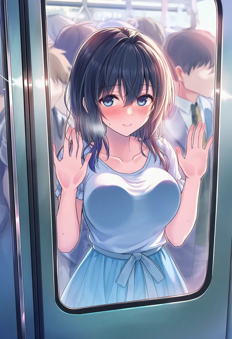 満員電車で窓に押し付けられる（群衆背景の組み合わせプロンプト例とAIイラスト作例）