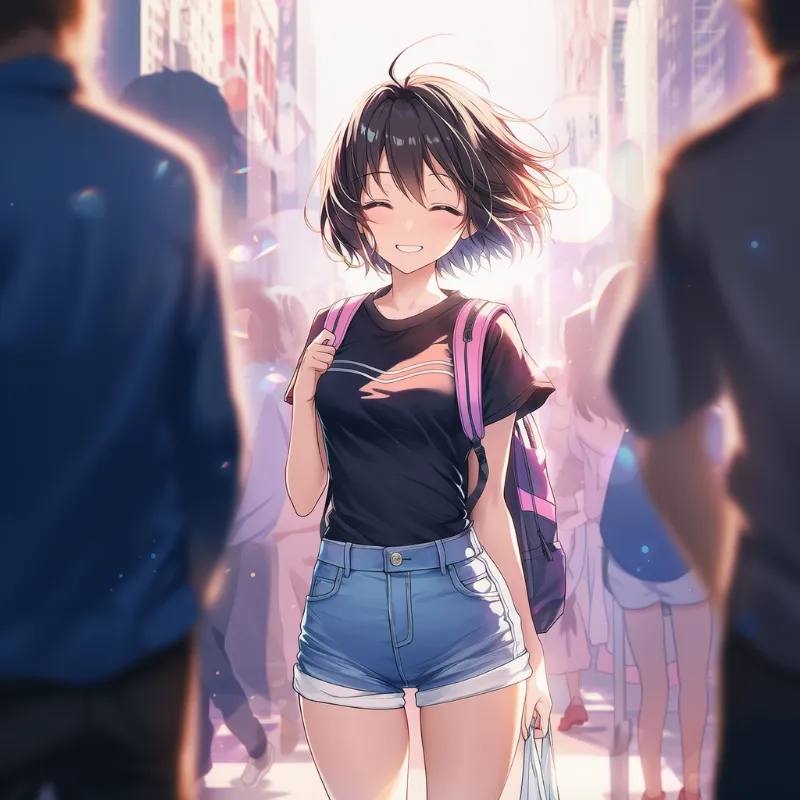 構図別の群衆のプロンプトフレーズ紹介（膝上ショット + 前ボケで背景クッキリで群衆との距離が近くなる）