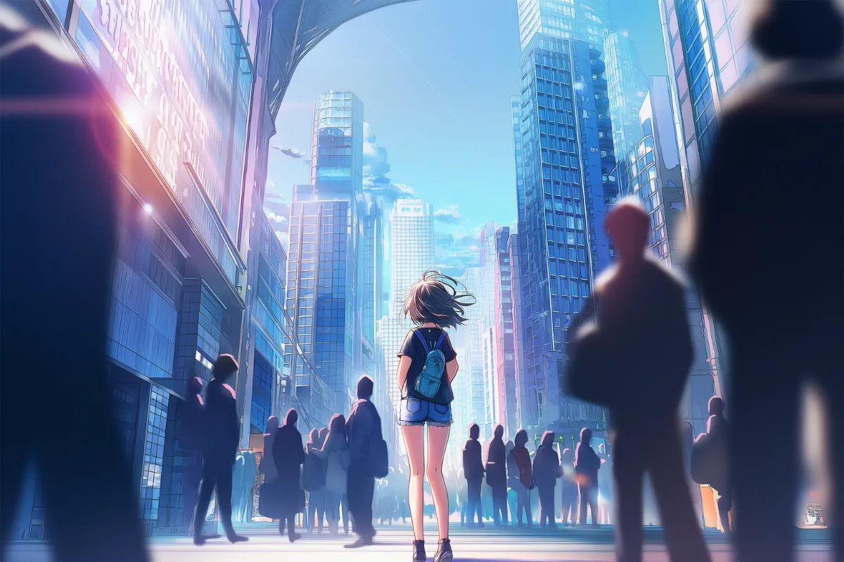 構図別の群衆のプロンプトフレーズ紹介（全身ショット + ワイド + 前ボケ）