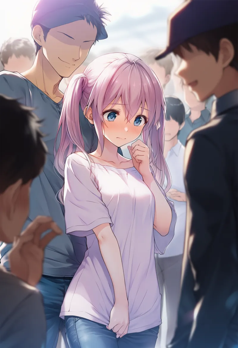 男性の群衆に挟まれるプロンプトとAIイラスト作例