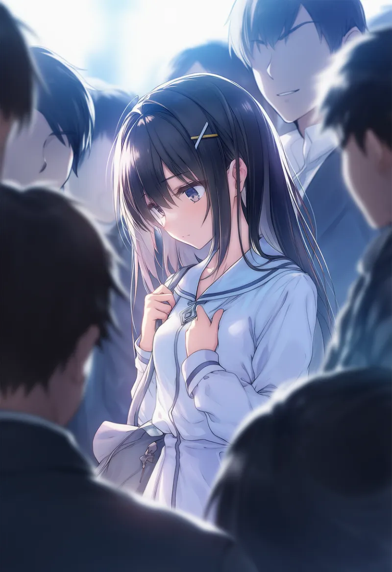 大人数（男性）の群衆に囲まれる（群衆背景の組み合わせプロンプト例とAIイラスト作例）