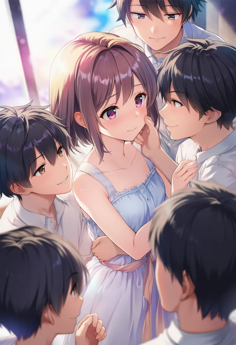 男の群衆に好意的に囲まれる（群衆背景の組み合わせプロンプト例とAIイラスト作例）