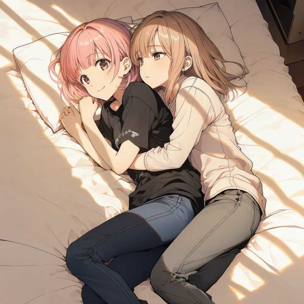 後ろから甘く全身密着する構図のAIイラスト