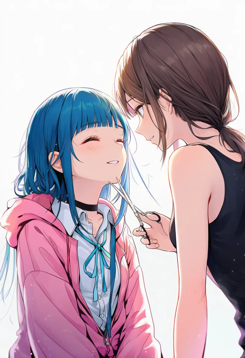 他人の髪を前から切っているAIイラストとプロンプト