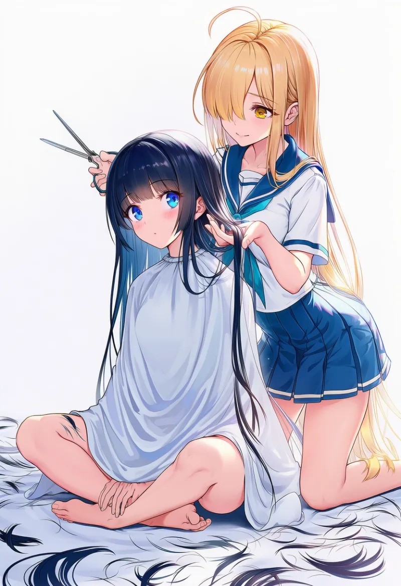 他人の髪を後ろから切っているAIイラストとプロンプト