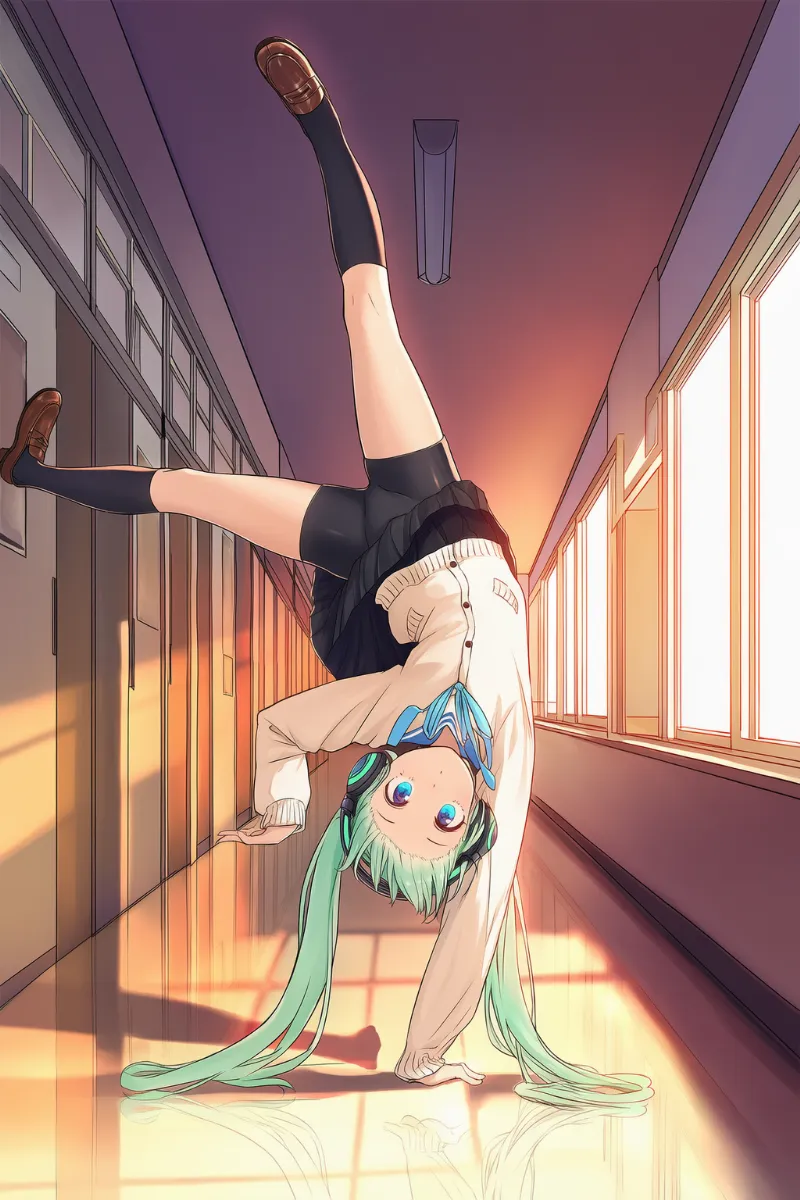 制服コーデで逆立ちブレイクダンスのAIイラスト作例