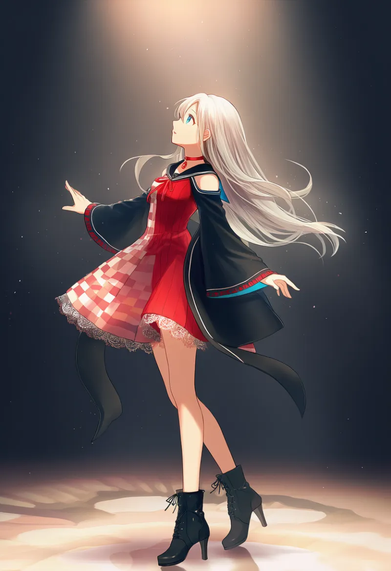 赤チェックドレスのダンスのAIイラスト作例