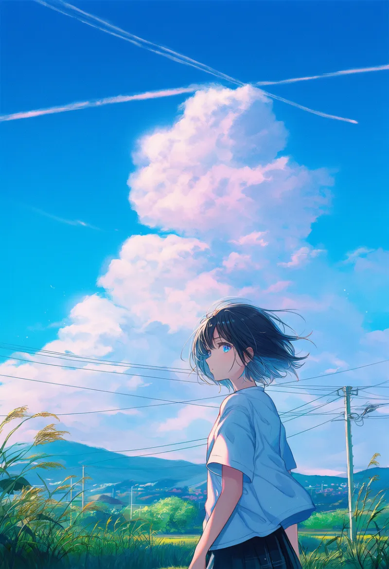 飛行機雲と送電線の青春AIイラスト｜プロンプト紹介