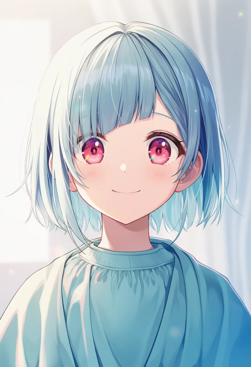 斜めにカットされた前髪（散髪後の髪型）のAIイラストとプロンプト紹介