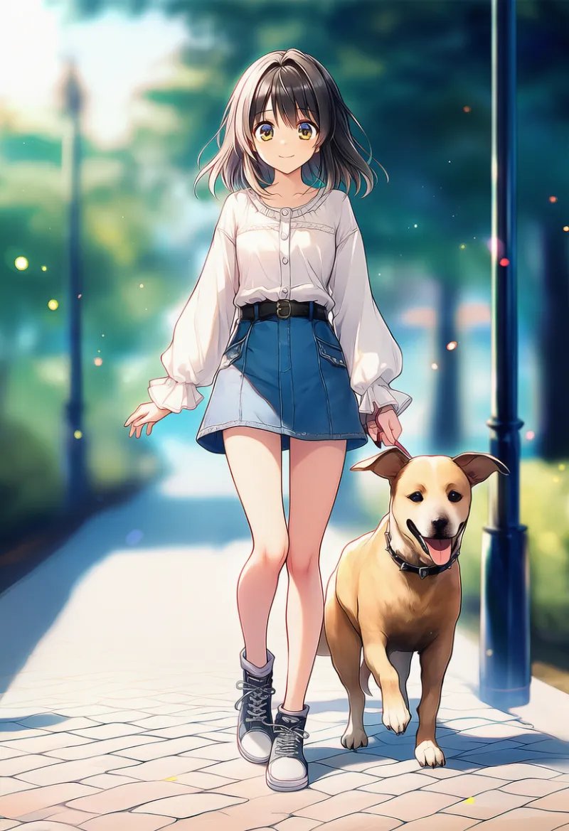 犬を連れて歩く｜AIイラスト作例