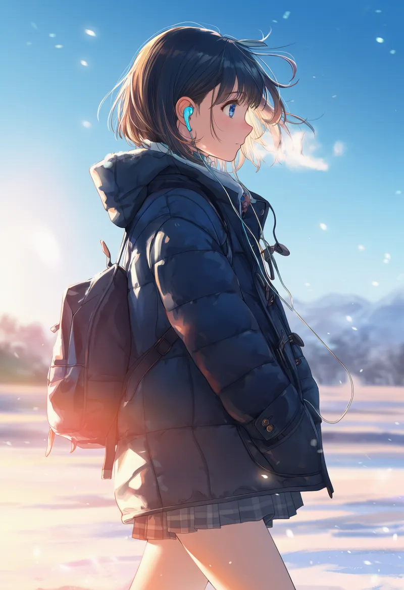 イヤホンで音楽を聞く動作の青春AIイラスト｜プロンプト紹介