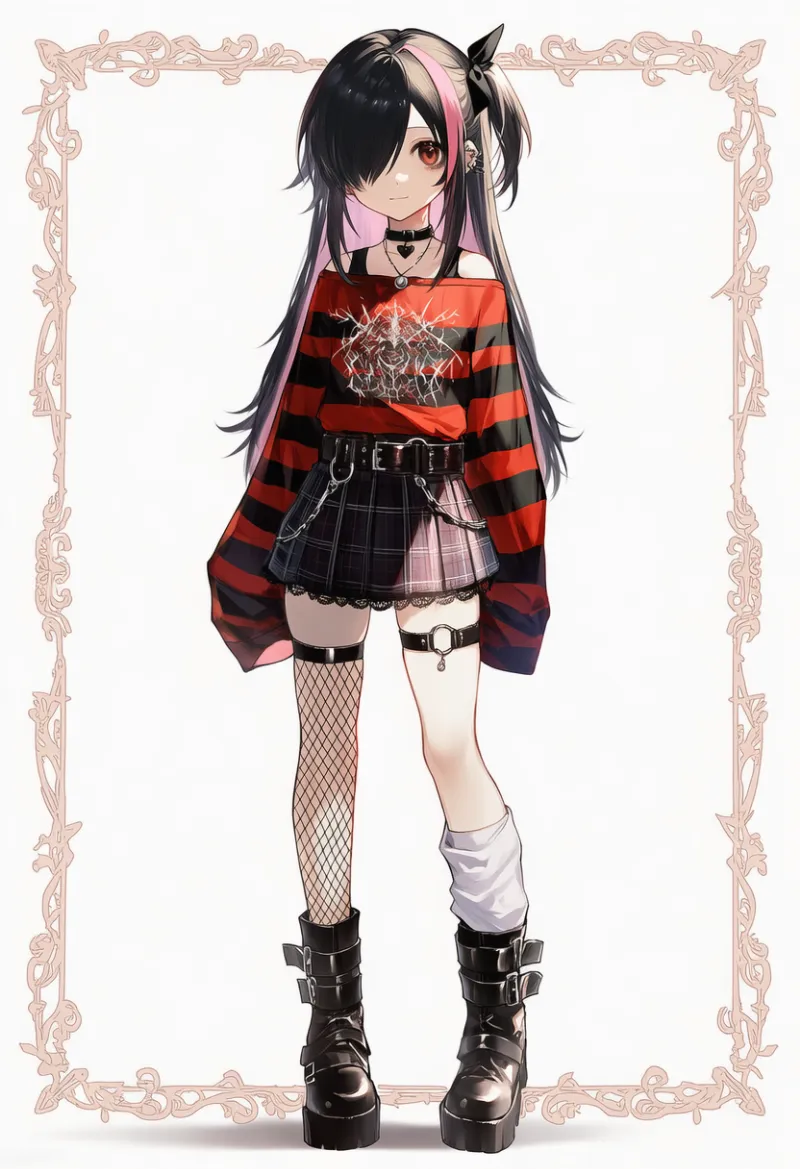 赤黒ストライプセーター×黒プリーツミニスカート|エモファッションのAIイラスト・プロンプト紹介
