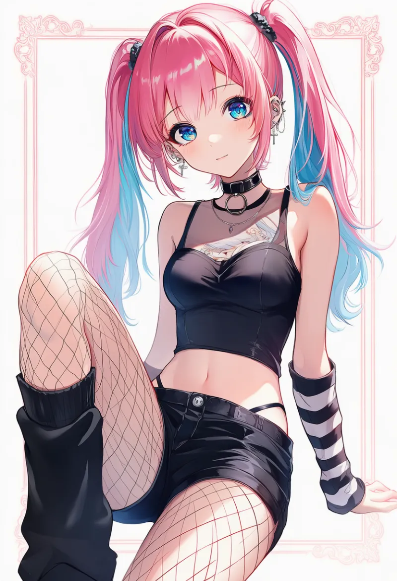 肩出しクロップトップ×短パン×網タイツ|エモファッションのAIイラスト・プロンプト紹介