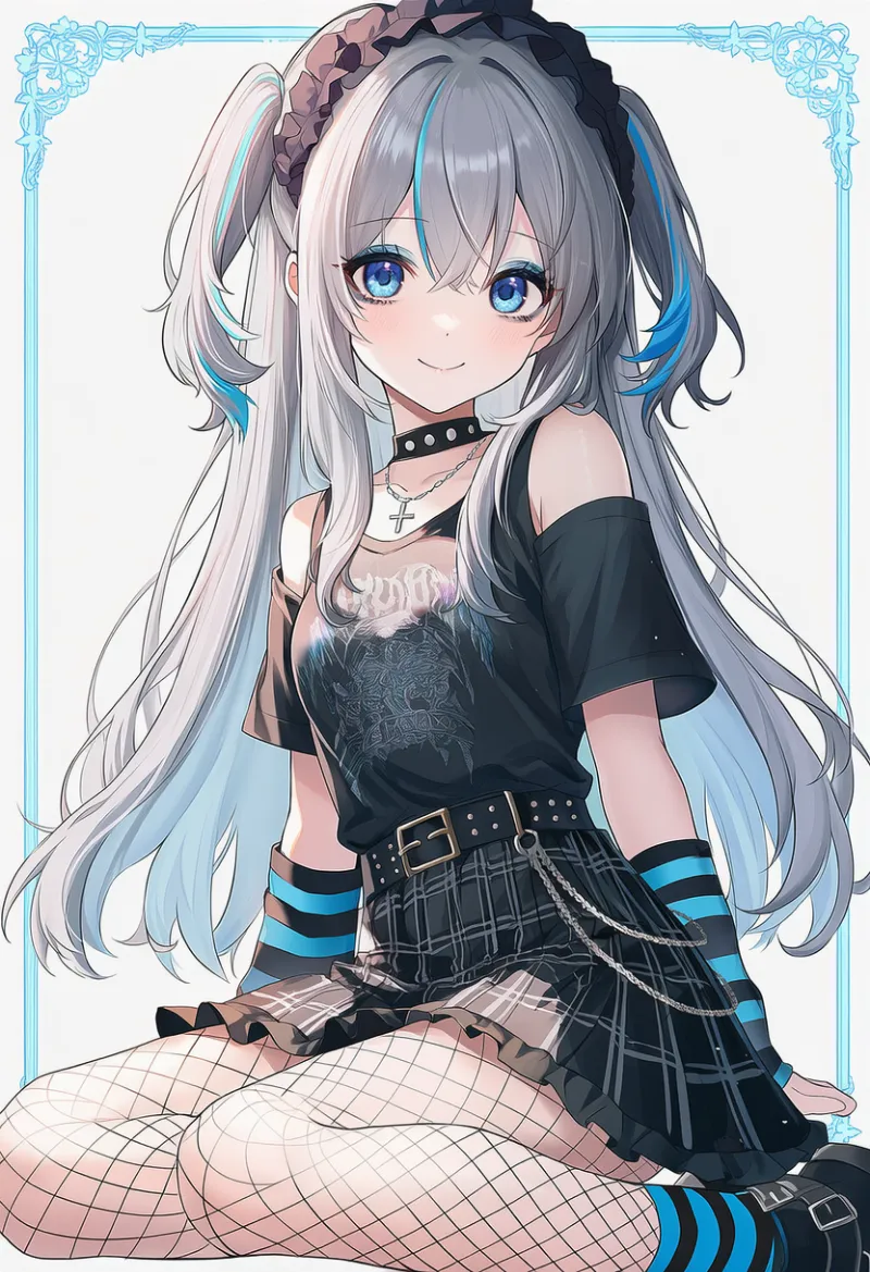 バンドロゴ黒Tシャツ×網タイツ|エモファッションのAIイラスト・プロンプト紹介