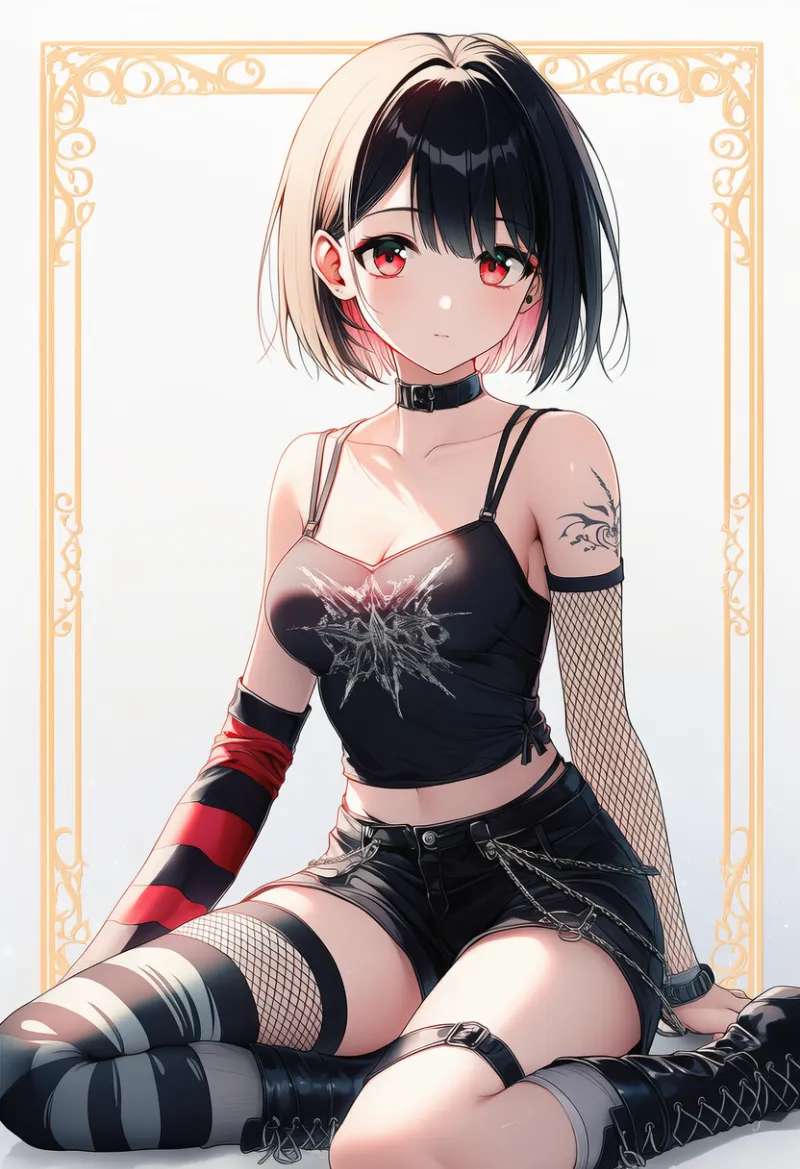 肩出しバンドTシャツ×黒ショーツ(多ストラップ)|エモファッションのAIイラスト・プロンプト紹介