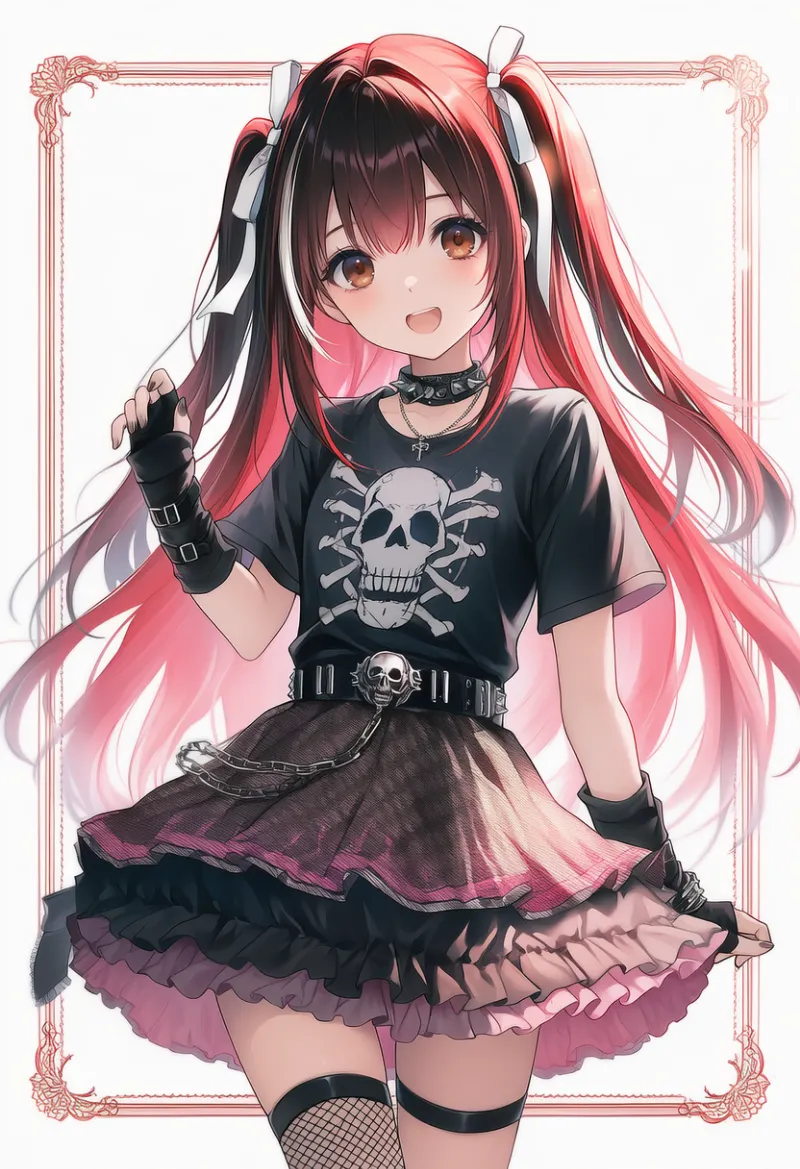 黒スカルTシャツ×ピンク縁フリルスカート|エモファッションのAIイラスト・プロンプト紹介