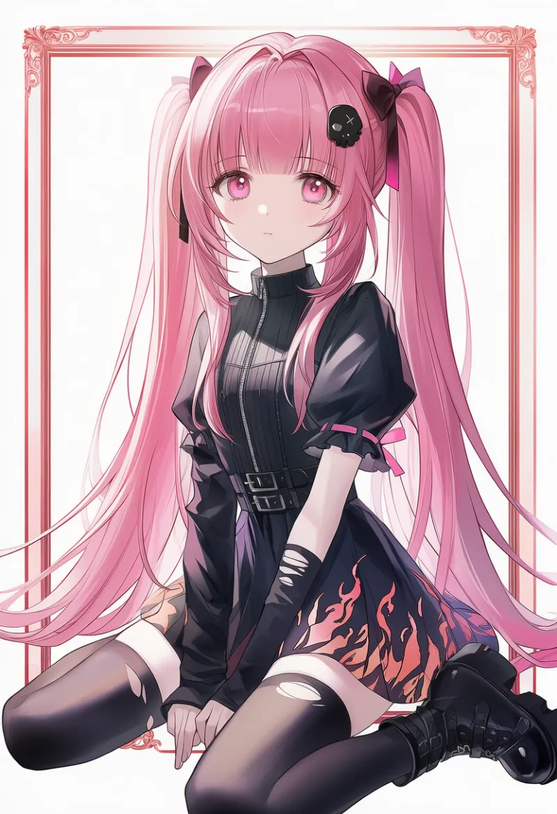 黒ジッパードレス×炎柄ミニスカート(ピンクリボン袖)|エモファッションのAIイラスト・プロンプト紹介