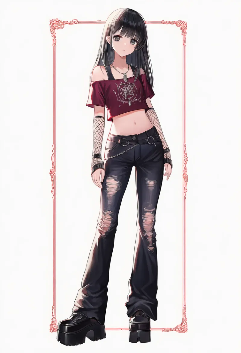 オフショルクロップトップ×ダメージジーンズ|エモファッションのAIイラスト・プロンプト紹介