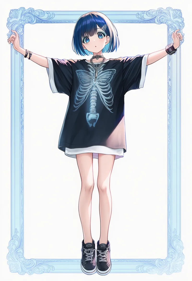 オーバーサイズ黒シャツ×蝶・スカルプリント(ゆるエモ)|エモファッションのAIイラスト・プロンプト紹介