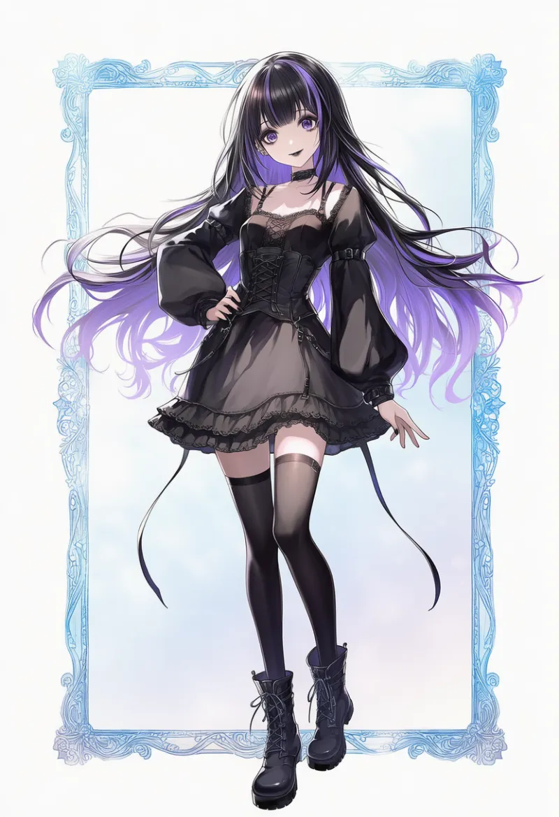 黒フリルコルセット×パフ袖×網タイツ(チョーカー)|エモファッションのAIイラスト・プロンプト紹介