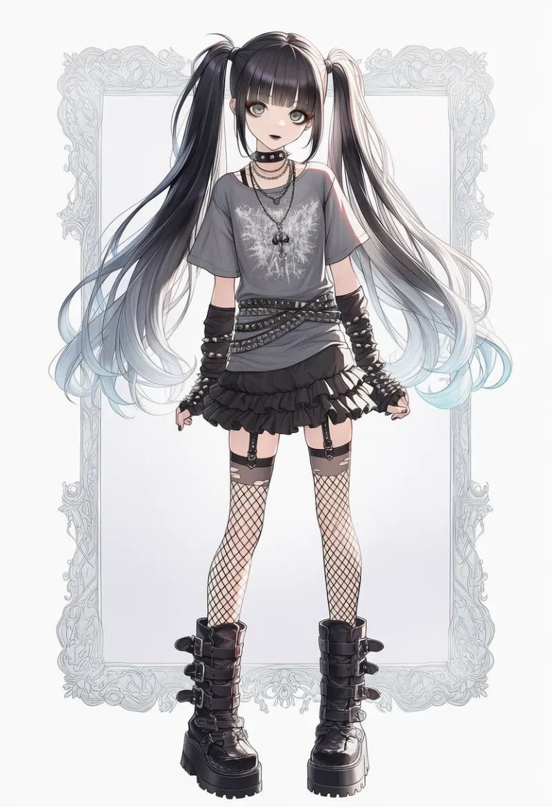 オーバーサイズシャツ×黒ミニスカート(スパイク多め)|エモファッションのAIイラスト・プロンプト紹介