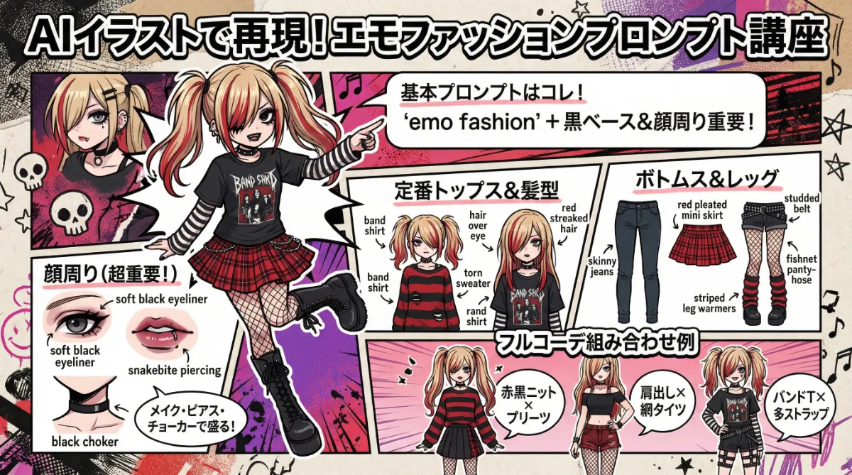 エモファッションの服装プロンプト集のまとめ用の図解イラスト