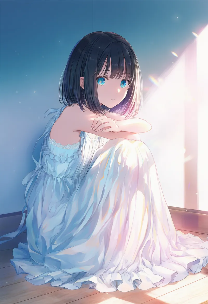 空っぽの部屋の四隅に座る少女のエモいAIイラスト｜プロンプト紹介