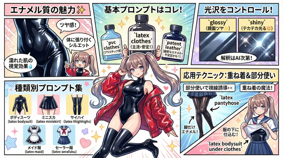 エナメル質の服のプロンプト集の記事のまとめ用の図解イラスト(グラレコ)