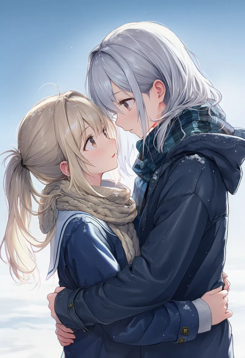 見つめ合って密着する構図のAIイラスト｜プロンプト紹介