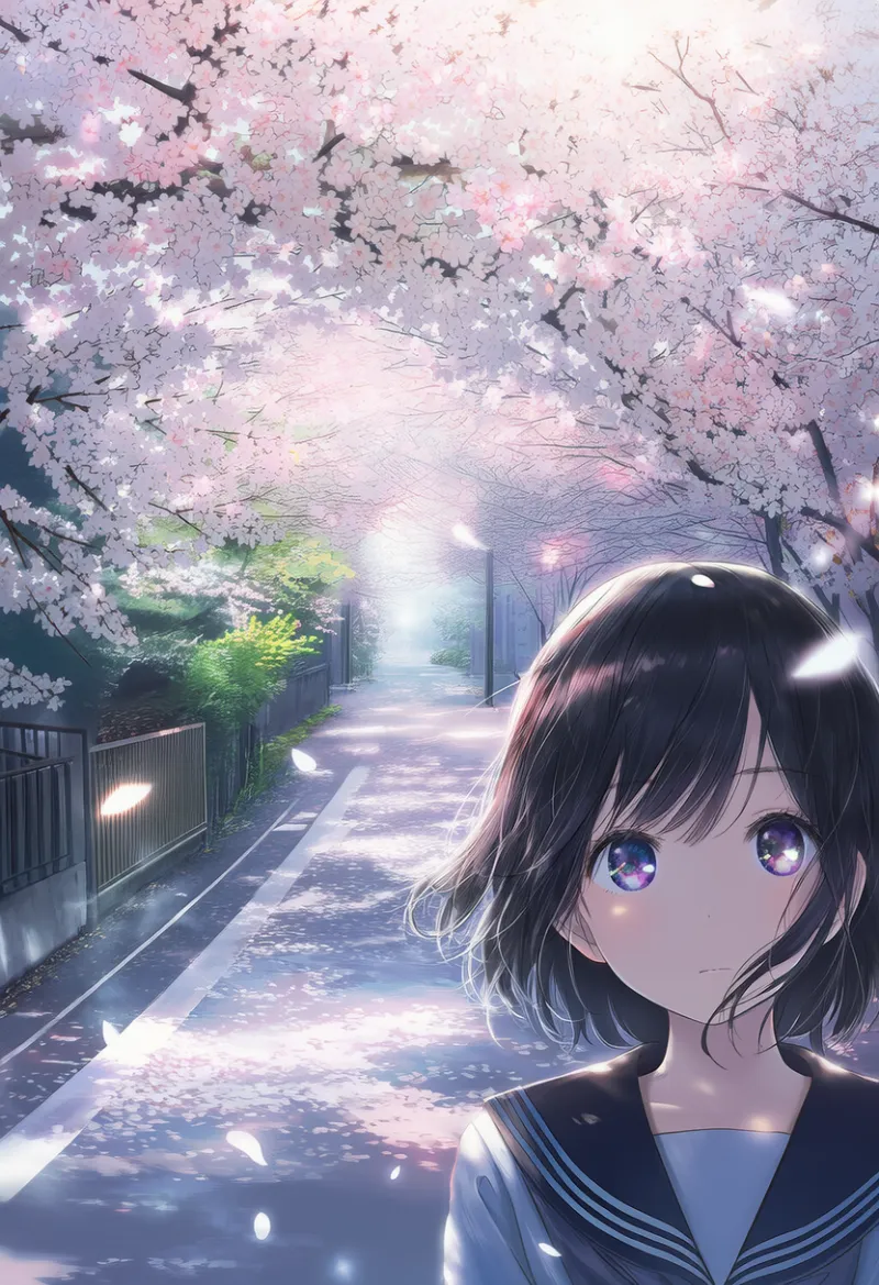 桜と舞い散る花びらを再現した青春のAIイラスト｜プロンプト紹介