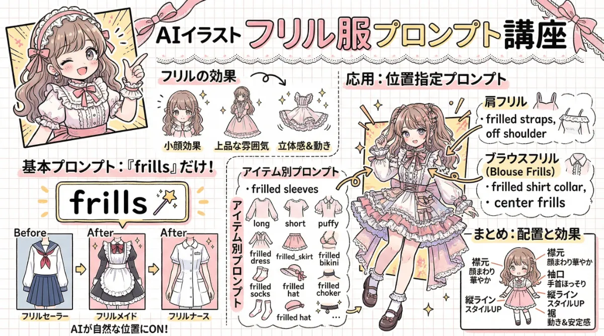 フリル付きの服プロンプト集のまとめ用図解イラスト(グラレコ)