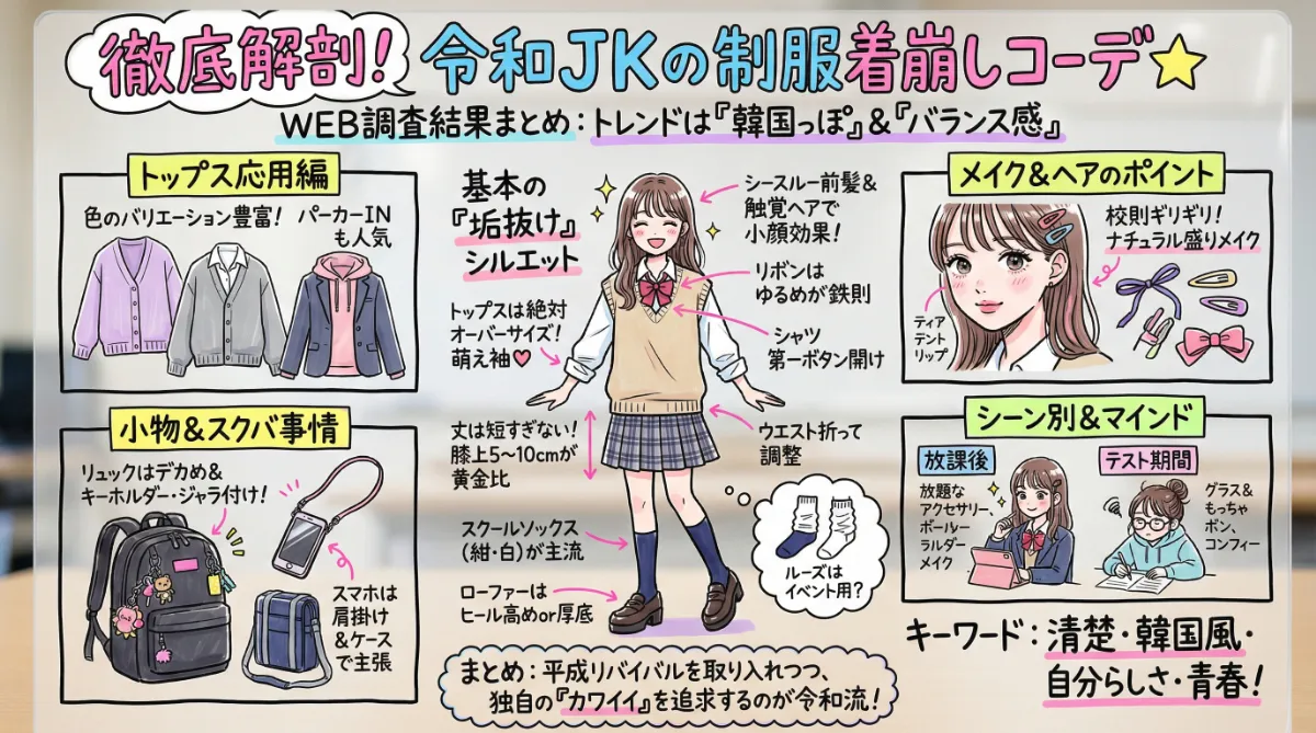 Nano Bananaで生成したグラフィックレコーディング風イラスト(令和JKの制服着崩しコーデ)の作例