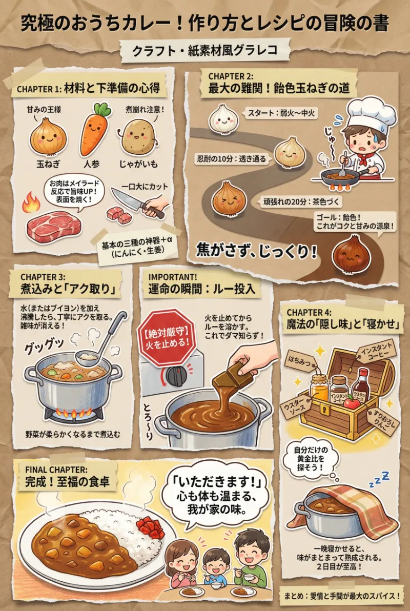 Nano Bananaで生成したグラフィックレコーディング風イラスト(カレーの作り方とレシピ)の作例