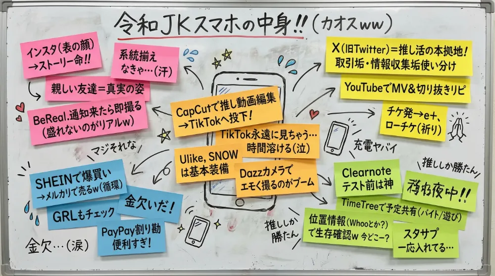 ホワイトボードにカラフルな付箋をランダム配置・汚い字で落書き|Nano Banana用グラフィックレコーディングのプロンプト