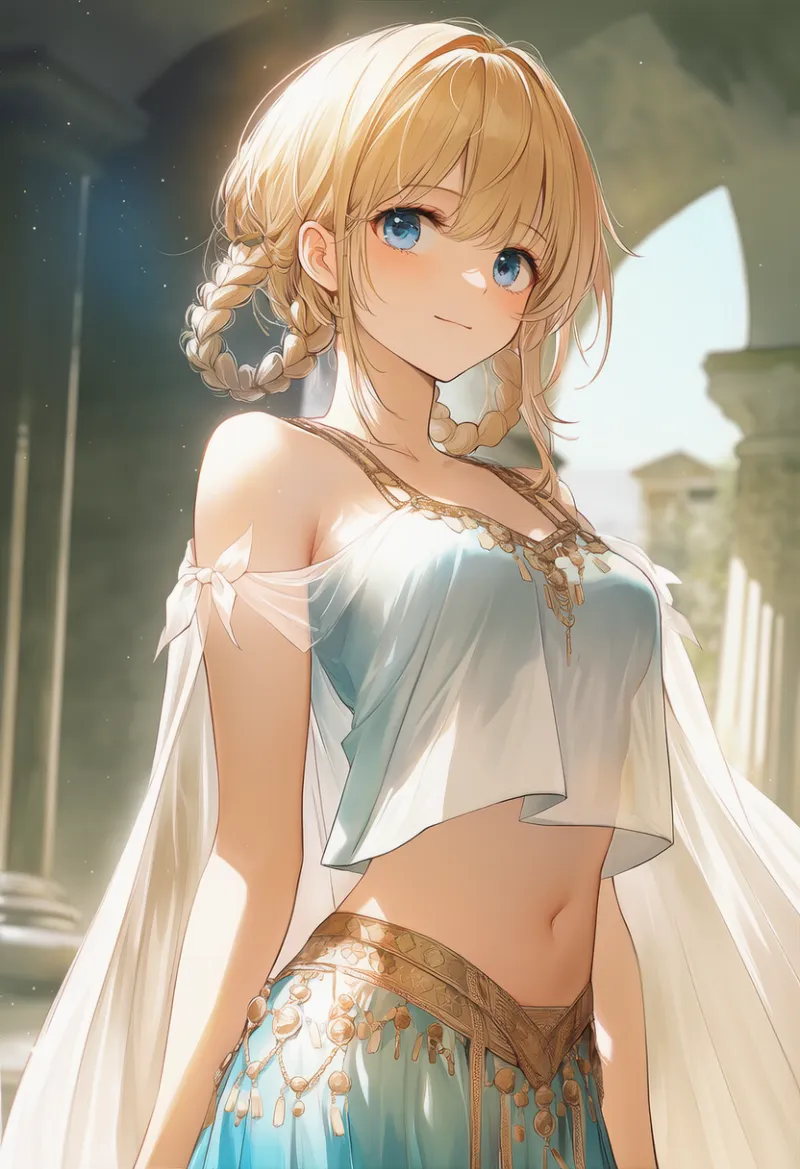 ヘソ出しルックの古代ギリシャ・ローマ服のAIイラスト｜プロンプト紹介
