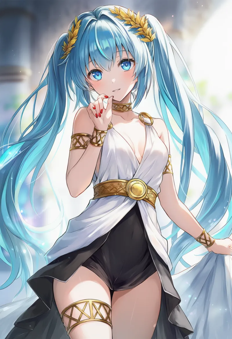 白の古代ギリシャ服×黒ショーガールスカート×月桂冠のAIイラスト｜プロンプト紹介