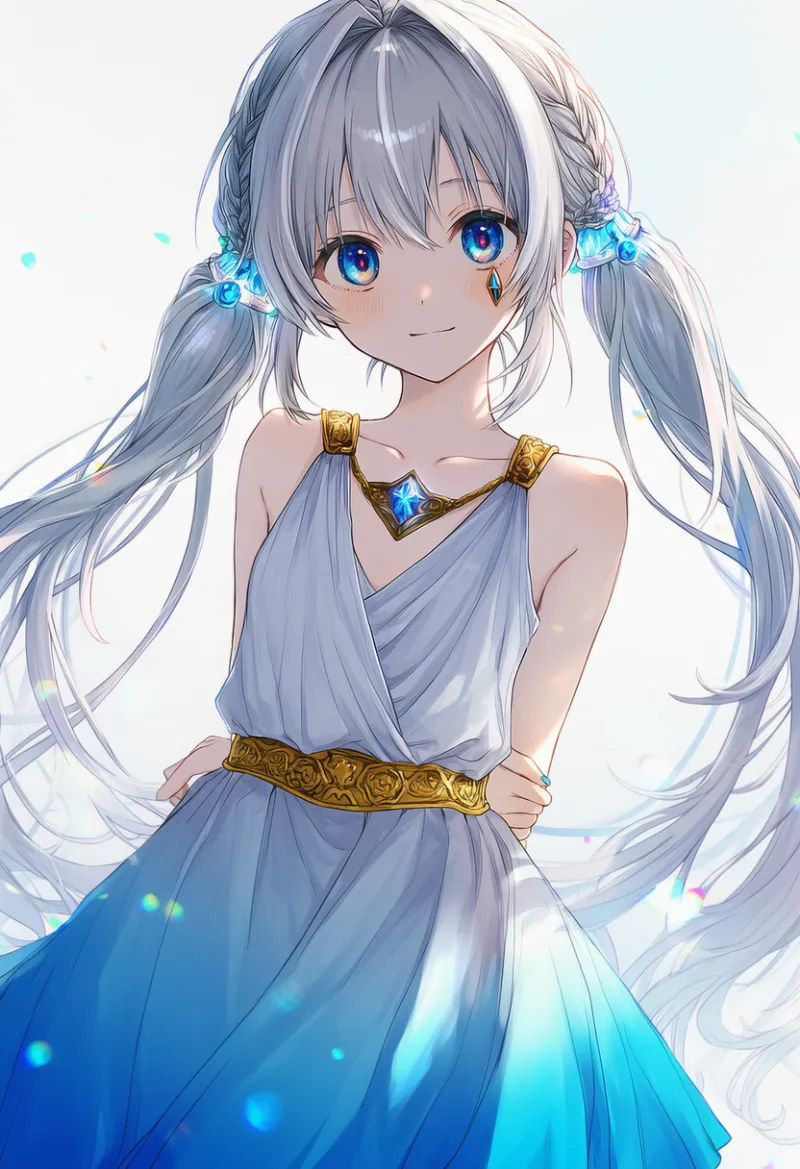 青白グラデーションドレスの古代ギリシャ風コーデのAIイラスト｜プロンプト紹介