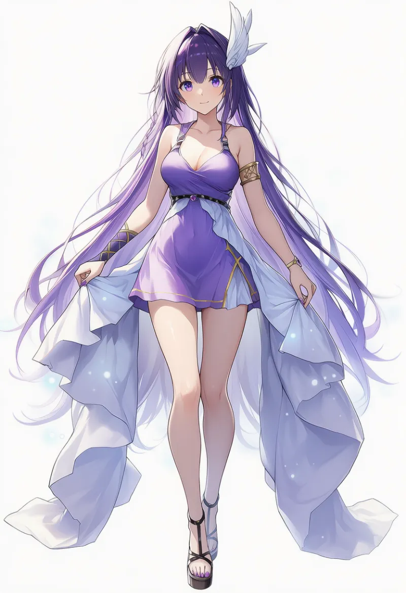 紫ショートドレス×翼飾りのギリシャ神話風コーデのAIイラスト｜プロンプト紹介