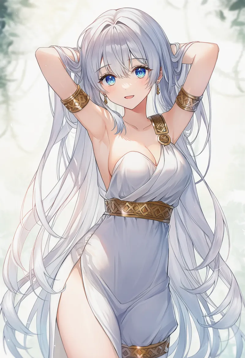 白の片肩ギリシャドレス×アームレット×太ももベルトのAIイラスト｜プロンプト紹介