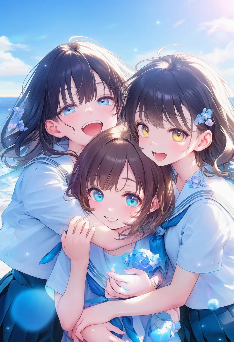グループハグをする少女たちの青春AIイラスト｜プロンプト紹介
