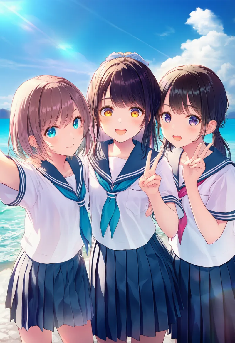 グループで自撮りをする少女たちの青春AIイラスト｜プロンプト紹介