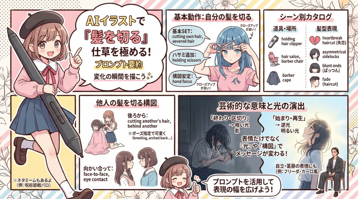 自分・他人の髪を切るプロンプトのまとめ用の図解イラスト