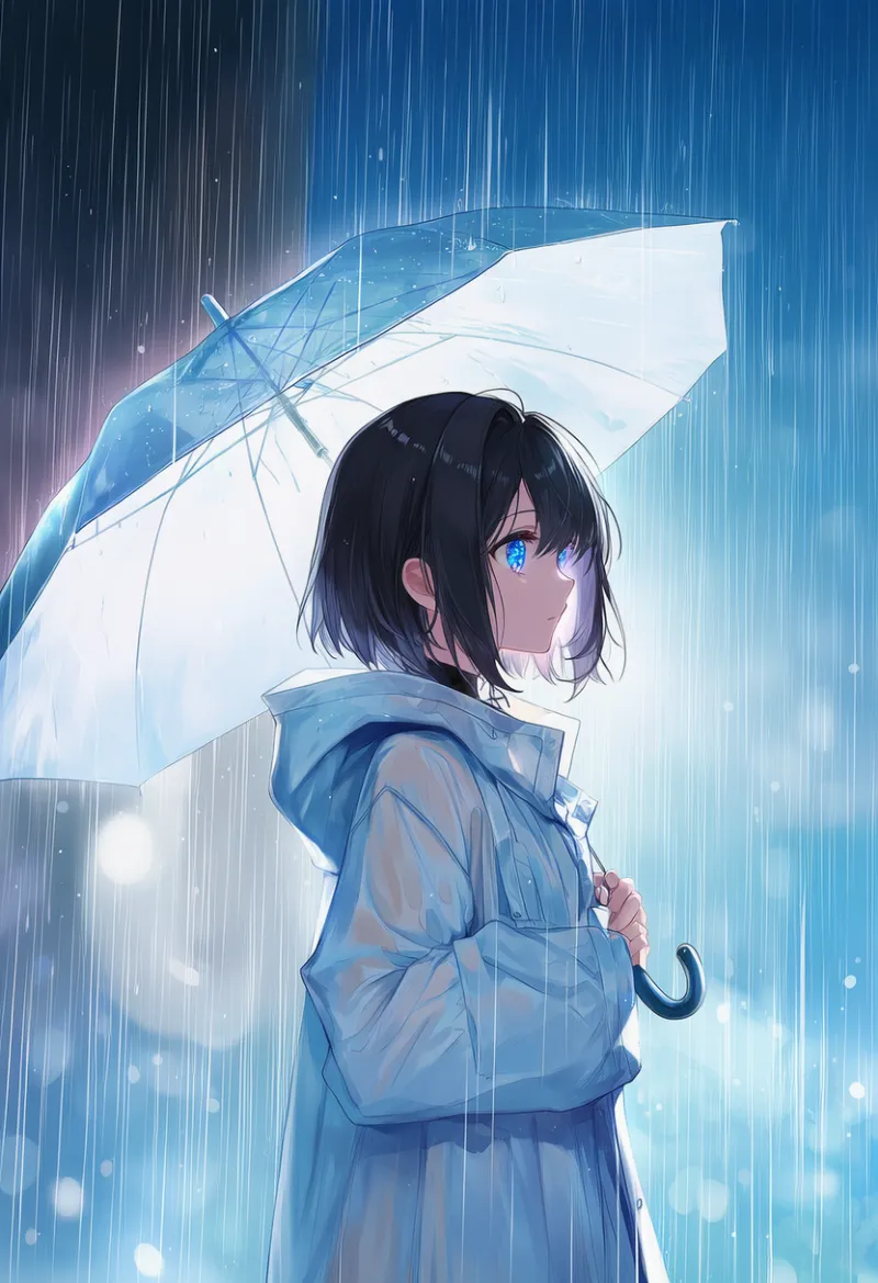 大雨とレインコートの情景を再現したAIイラスト｜プロンプト紹介