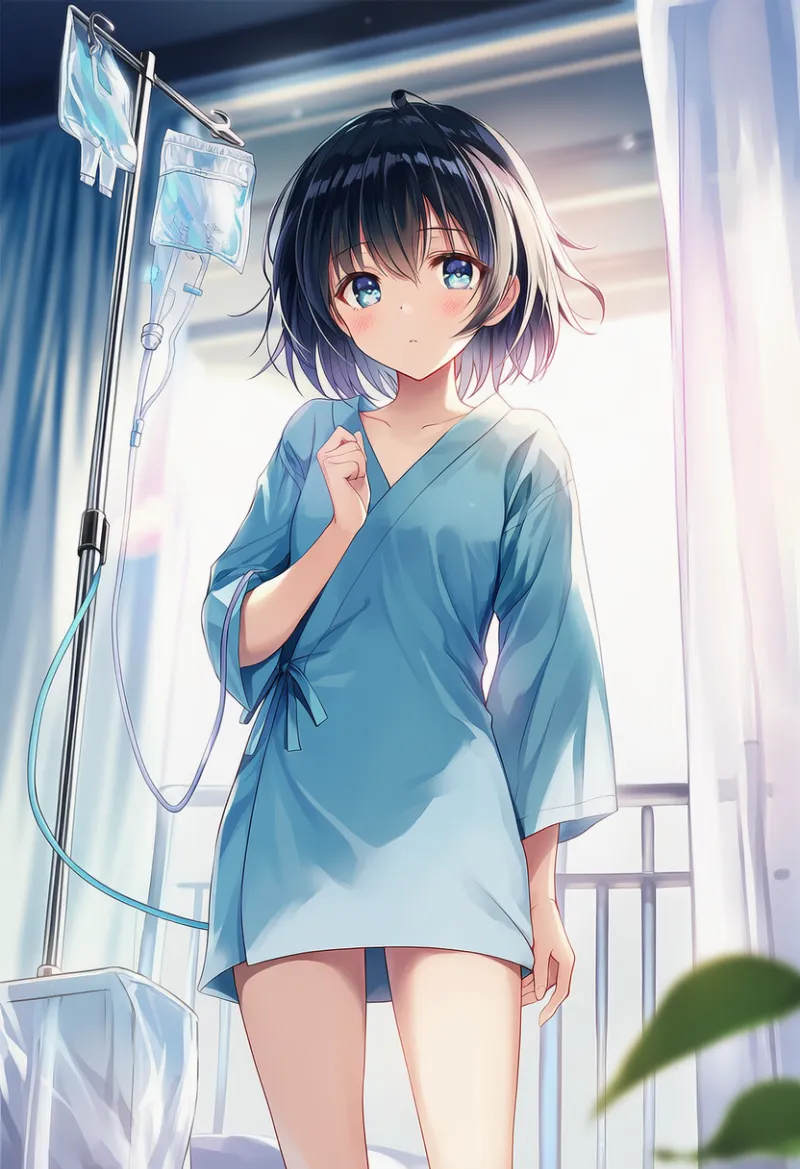 浴衣タイプ(ロング)の病院服のAIイラストとプロンプト