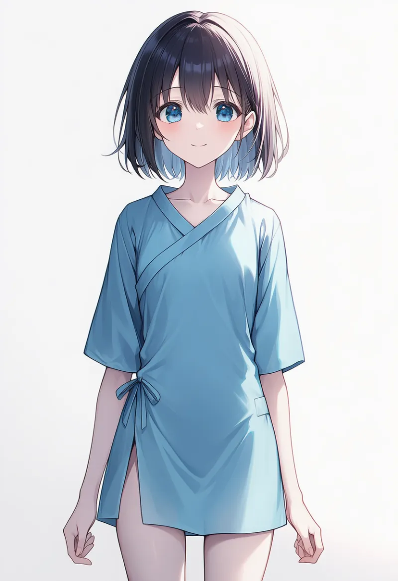 病院服を着て色白の肌と痩せた体型を再現したAIイラストとプロンプト