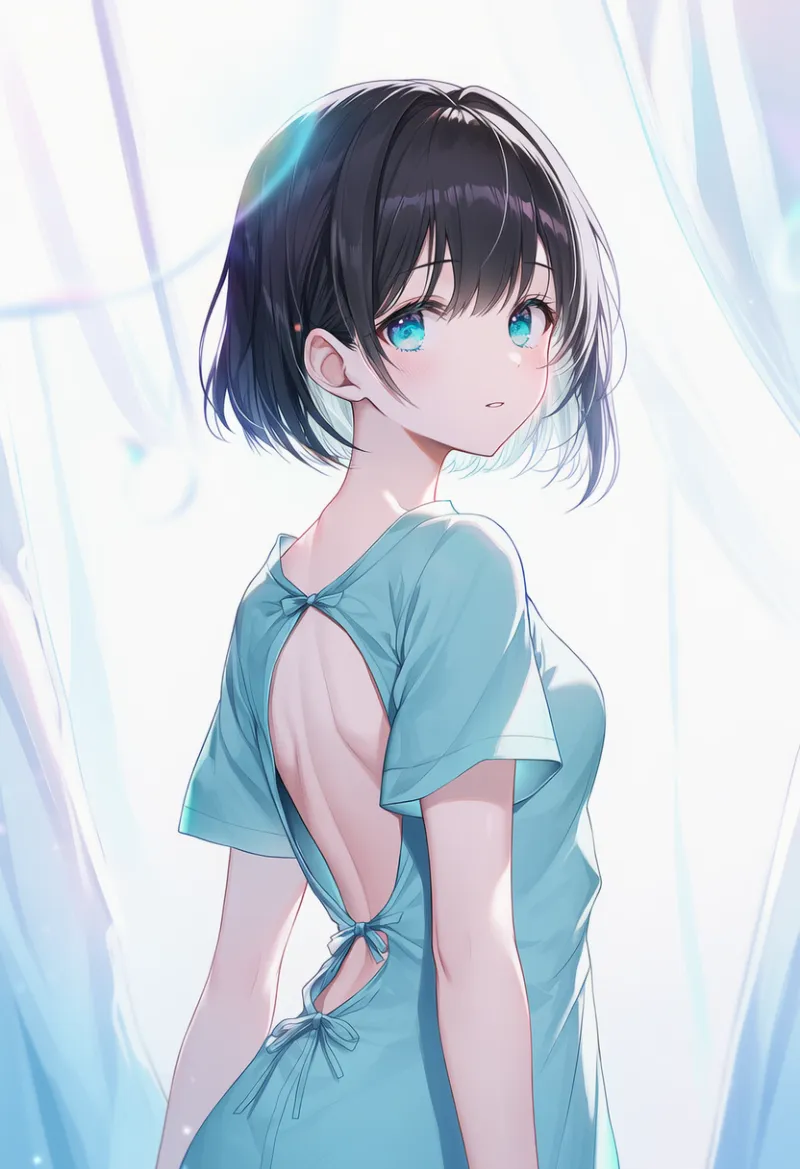 患者の服(病院服)を着る美少女AIイラストの作例