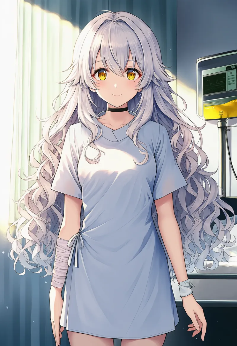 病院服+包帯+絆創膏+チョーカーのコーデのAIイラスト