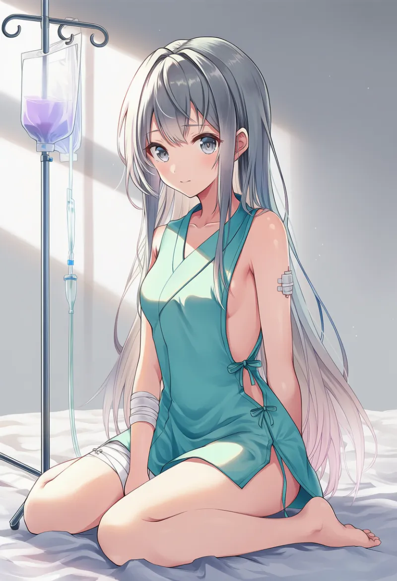 サイドレス病院ガウン+包帯+点滴スタンドのAIイラスト