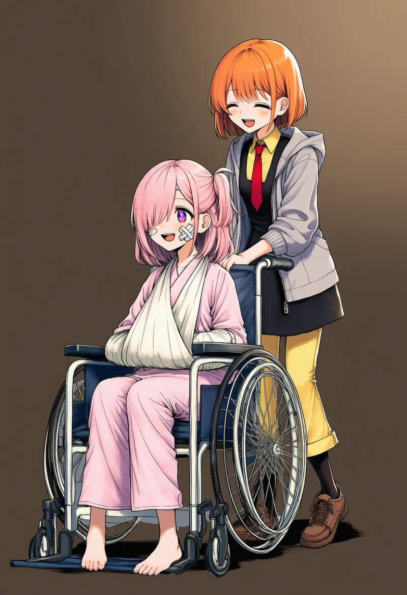 ギプス姿の患者服+車椅子シーンのAIイラスト