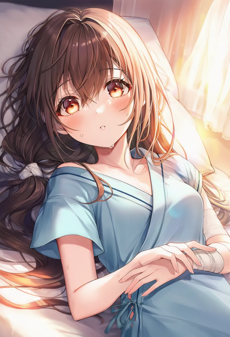 肩ずり落ちの患者服シチュエーション(寝姿)のAIイラスト